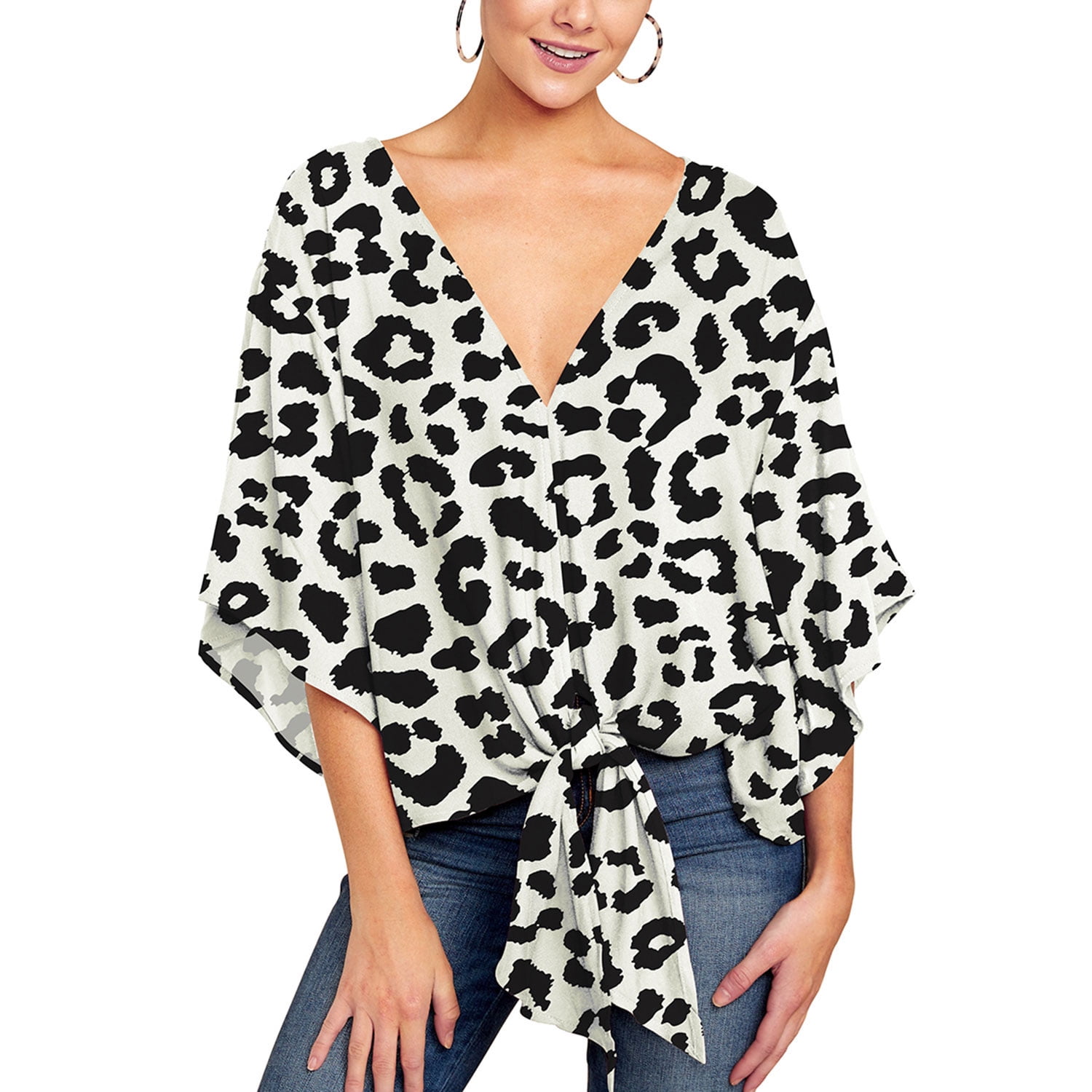Women Plus Size Top 3/4 Sleeve Knit Striped Boho Asymmetric Neck T-Shirt Blouse main image 0