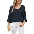 thumbnail image 1 of SWSMCLT Women's 3/4 Sleeve Shirt Summer Blouse Spandex Casual Tee V Neck Loose Lightweight Soft Spring Holiday Black Large, 1 of 1