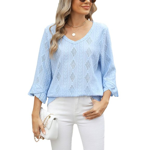 SWSMCLT Women's 3/4 Sleeve Shirt Summer Blouse Spandex Casual Tee V Neck Loose Lightweight Soft Spring Holiday Light Blue Small