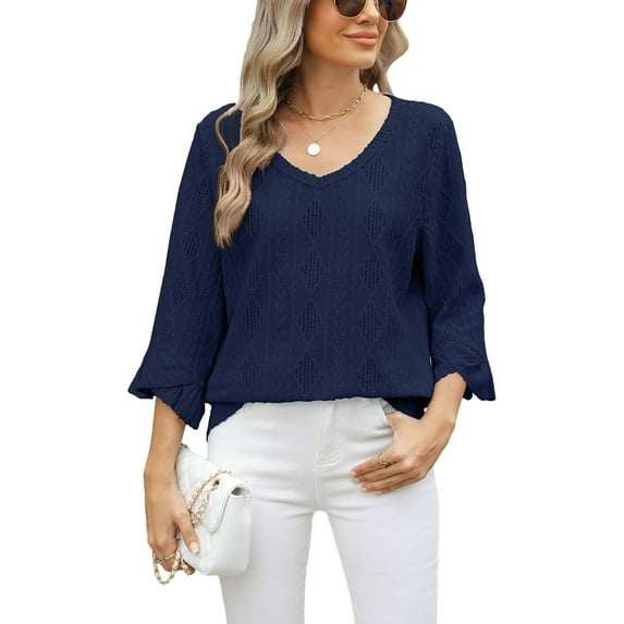 SWSMCLT Women's 3/4 Sleeve Shirt Summer Blouse Spandex Casual Tee V Neck Loose Lightweight Soft Spring Holiday Navy Large