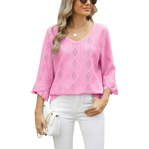 SWSMCLT Women's 3/4 Sleeve Shirt Summer Blouse Spandex Casual Tee V Neck Loose Lightweight Soft Spring Holiday Pink Small