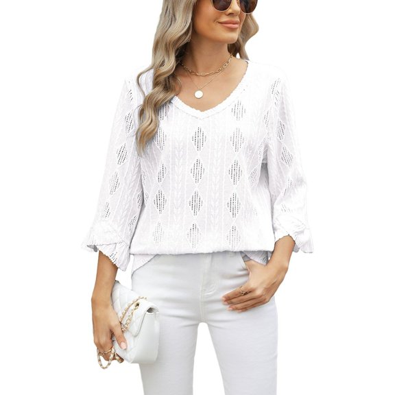 SWSMCLT Women's 3/4 Sleeve Shirt Summer Blouse Spandex Casual Tee V Neck Loose Lightweight Soft Spring Holiday White Large