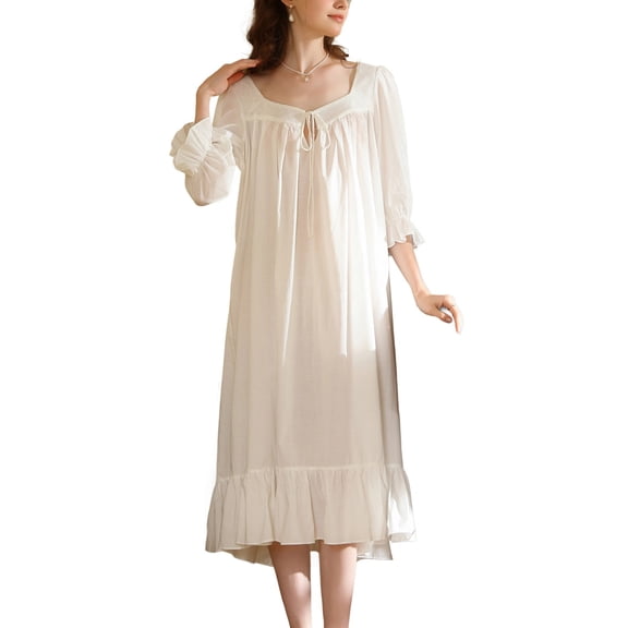 SWSMCLT Women's 3/4 Sleeve Vintage Princess Nightgown Cute Night Gown Cotton Pjs Oversized V Neck Home Sleepwear White Medium