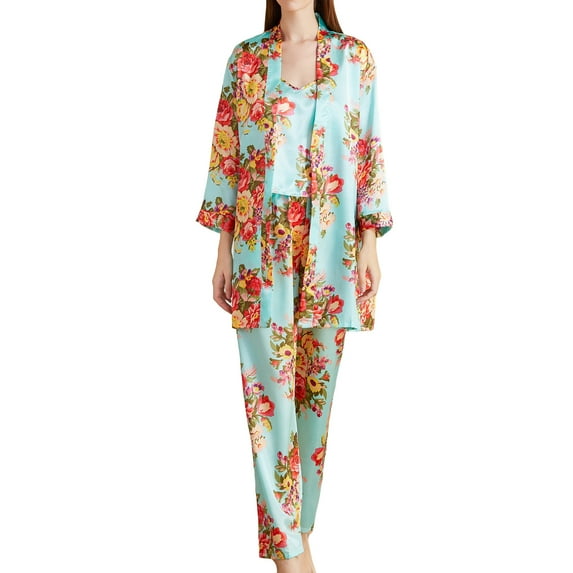 SWSMCLT Women's 3 Pcs Pajamas Set Satin Cami and Pant with Robe Belted Pj Silk V Neck Patterned Print Nighty Loungewear 3/4 Sleeve Camisole Sleepwear Floral Green Medium