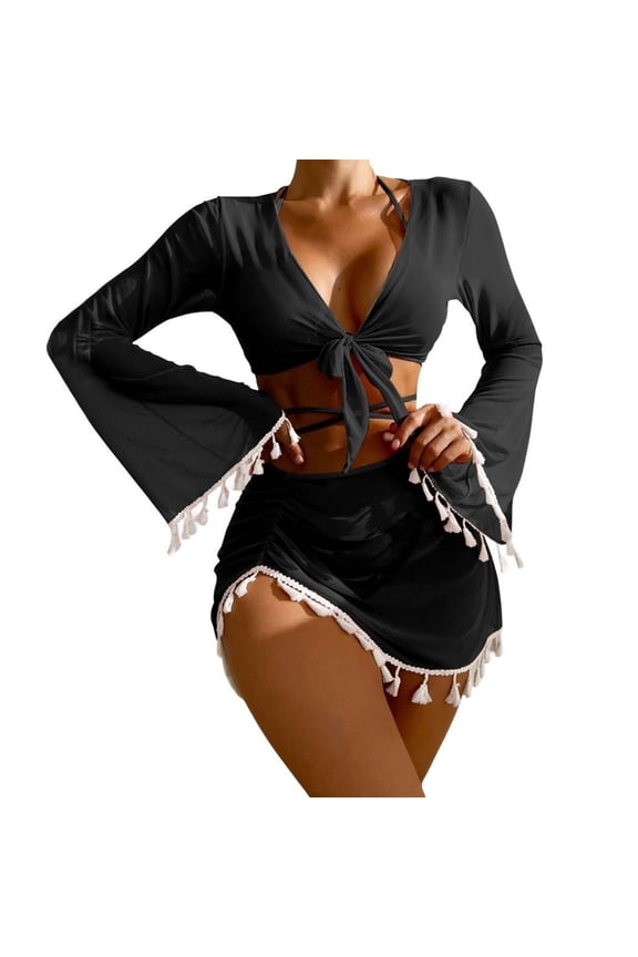 Women's 4 Piece Swimsuit Bikini Set Bathing Suit Bunched Brief Chic Cool Fall Adjustable Break Bell Sleeve Cover Up Skirt Black X-Small