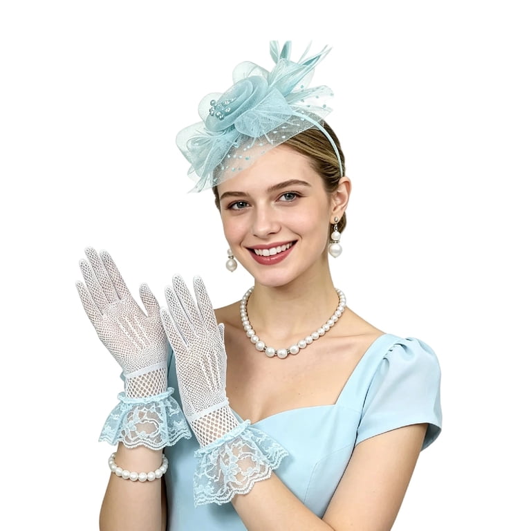 Women’s Vintage Fascinator Hat Set Mesh Gloves Pearls Earrings Gifts Women main image 4