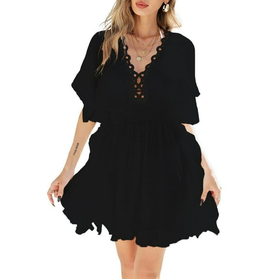 SWSMCLT Women's Above Knee Length Bathing Suit Elastic Band Beachwear Bunched Spring Break Chic Billowy Curvy Cool Black One Size