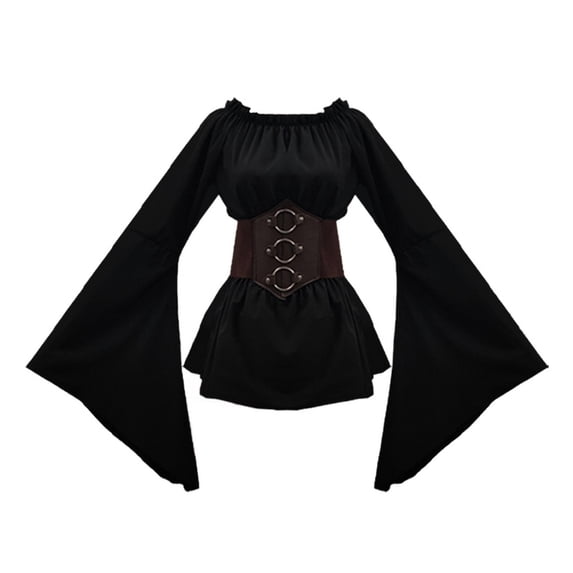 SWSMCLT Women's Acting 2 Piece Colonial Billowy Renaissance Victorian Outfits Elastic Bunched Off Shoulder Blouse Top Black 4-6