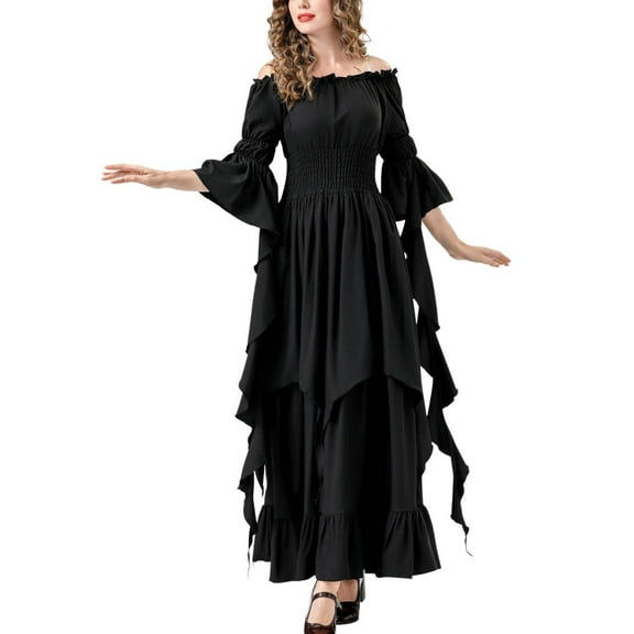 SWSMCLT Women's Acting Renaissance Dresses Bunched Chic Classic Ankle Elbow Sleeve Halloween Sundress Medieval Boho Dress Black Large-X-Large