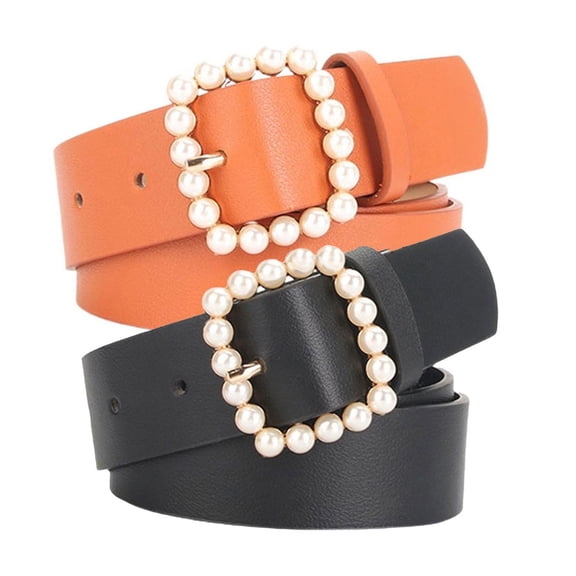 SWSMCLT Women's Adjustable PU Belts Belt 2 Pack Bead Belt Loops Casual Skinny Ratchet All Seasons Belt Black Camel X-Small-Large