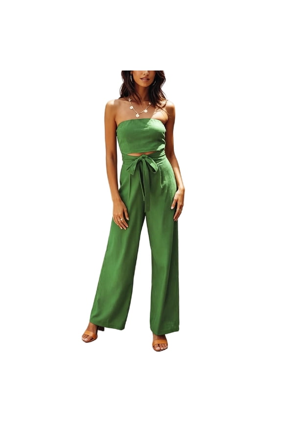 Women's Adorable Bodysuit Top Backless Jumpsuits Autumn Bunched Casual Bandeau Pant Jumpers and Rompers Green 6