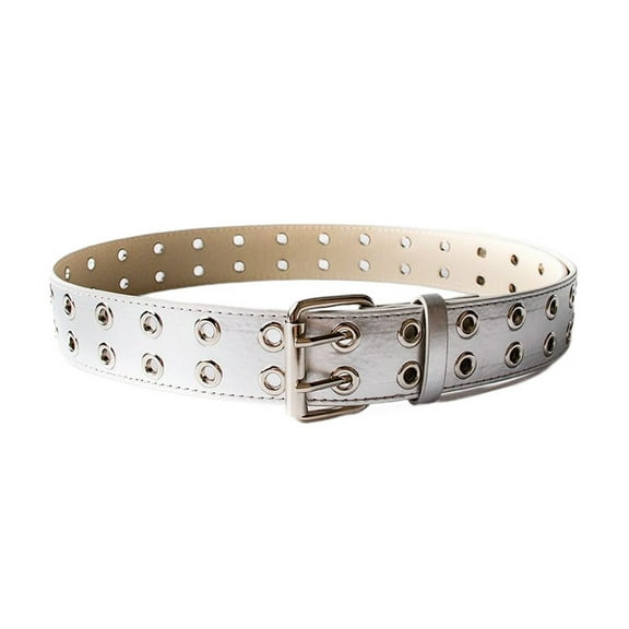 SWSMCLT Women's All Seasons Adjustable Belts Casual Date Faux Leather Autumn Belt Belt Loops Double Grommet Silver X-Small-Large