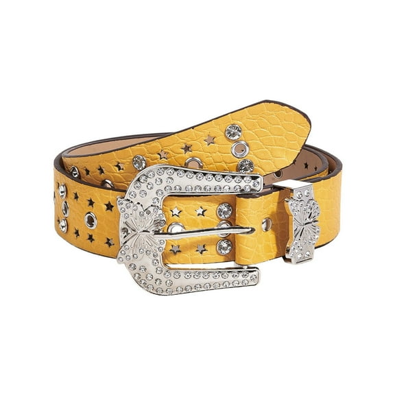 SWSMCLT Women's All Seasons Belt 2025 Groove Belt Faux Leather Adjustable Belts Bling Glitter Chunky Casual Yellow X-Small-Large
