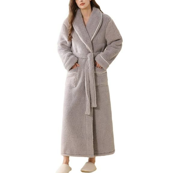 SWSMCLT Women's Ankle Fleece Bathrobe Belt Cold Weather Fall Long Nightwear Billowy Bath Robe Chunky Drop Shoulder Grey Medium-Large