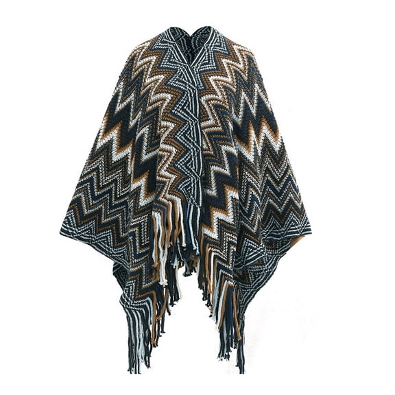 SWSMCLT Women's Arab Cape 3/4 Sleeved Top Above Knee Autumn Fringe Cardigan Date Acrylic 2025 Aztec Baggy Blue One Size