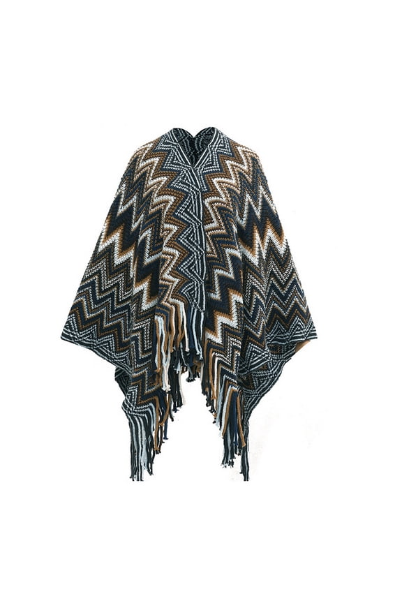 Women's Arab Cape 3/4 Sleeved Top Above Knee Autumn Fringe Cardigan Date Acrylic 2025 Aztec Baggy Blue One Size