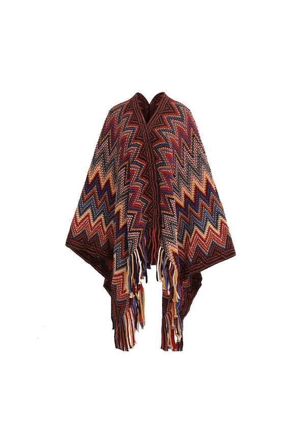 Women's Arab Cape 3/4 Sleeved Top Above Knee Autumn Fringe Cardigan Date Acrylic 2025 Aztec Baggy Burgundy One Size