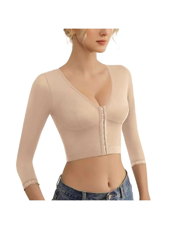 Women's Arm Shaper Firm Arm Lift Shapewear V Neck Body Shaper Push Up Lace Spandex Hook Arm Compression 3/4 Sleeve Shaper Nude 8-10