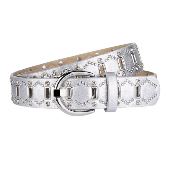 SWSMCLT Women's Autumn Belt 2025 Groove D Ring Bead Glitter Adjustable Belts Belt Loops Casual All Seasons Silver X-Small-Large