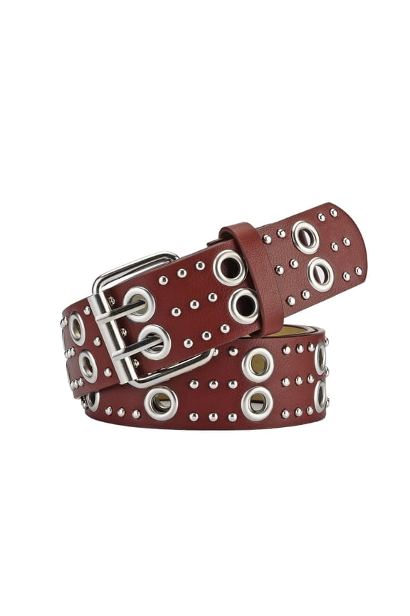 Women's Autumn Belt Loops Adjustable Belts Cool Rapper Cyberpunk Buckle All Seasons Faux Leather Burgundy X-Small-Large