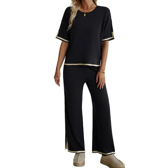 SWSMCLT Women's Baggy 2 Piece Outfit Autumn Crew Neck Date Breathable Comfy Matching Set Billowy Matching Outfit Black Large