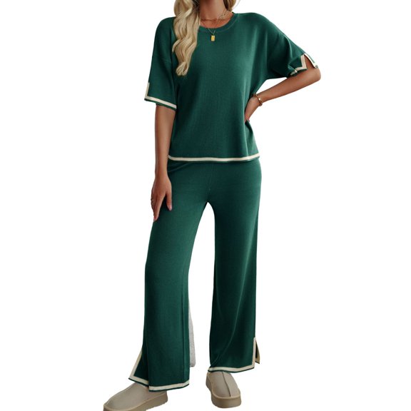 SWSMCLT Women's Baggy 2 Piece Outfit Autumn Crew Neck Date Breathable Comfy Matching Set Billowy Matching Outfit Green Large