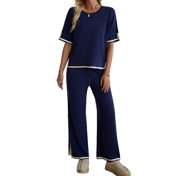 SWSMCLT Women's Baggy 2 Piece Outfit Autumn Crew Neck Date Breathable Comfy Matching Set Billowy Matching Outfit Navy X-Large