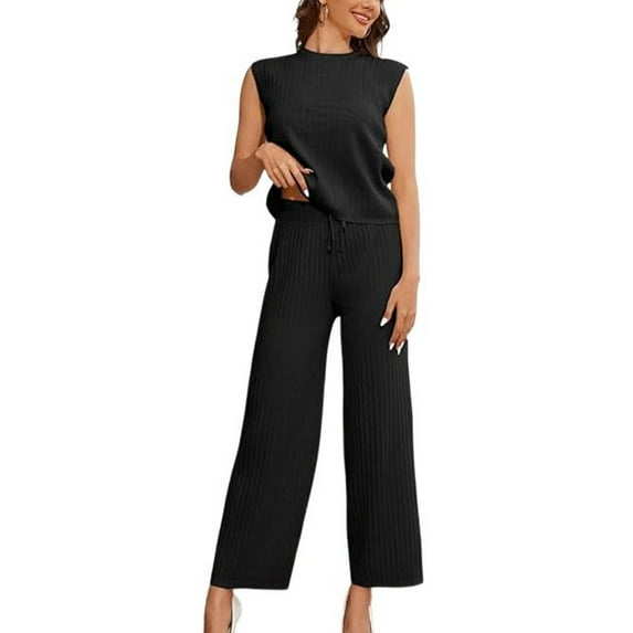 SWSMCLT Women's Baggy 2 Piece Outfit Breathable Crew Neck Elastic Band Suiting Matching Set Casual Ankle Chic Black Small