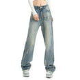 thumbnail image 1 of SWSMCLT Women's Baggy Jeans Denim Trousers Ripped Slimming Denim Pants Mid Rise Summer Casual Button Loose Fit Blue X-Small, 1 of 5