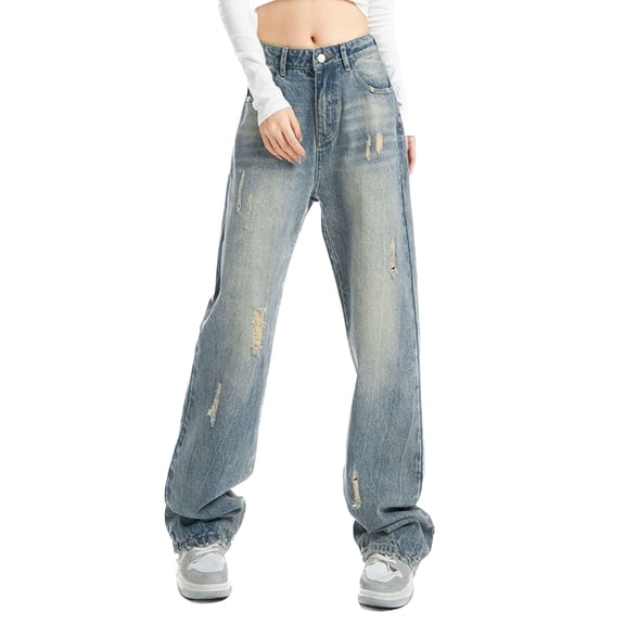 SWSMCLT Women's Baggy Jeans Denim Trousers Ripped Slimming Denim Pants Mid Rise Summer Casual Button Loose Fit Blue X-Small