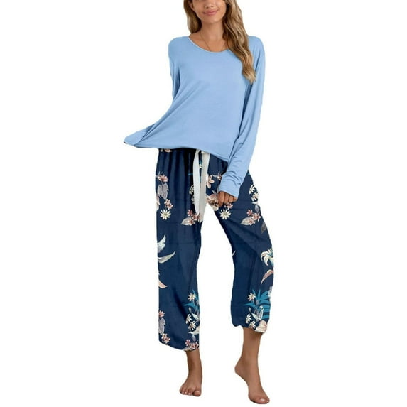 SWSMCLT Women's Baggy Loungewear Plus Size Loungewear Set Billowy Elastic Band Pajama Set Breathable Crew Neck Cute Blue Large
