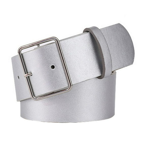 SWSMCLT Women's Basic Belt Loops Belt For Dress Faux Leather Old Fashioned Groove Belts Buckle Autumn Casual Silver X-Small-Large
