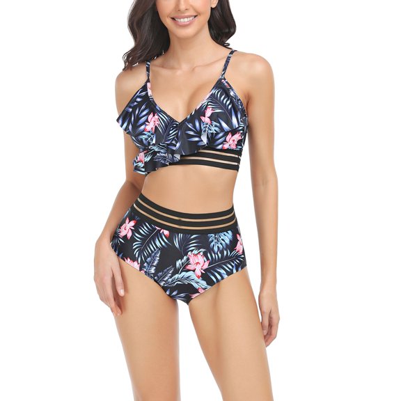 SWSMCLT Women's Bathing Suit Cheeky Ruffled Push Up Mid Rise Padded Hawaiian Bikini 2 Piece Swimsuit Beach Sexy Flower Medium