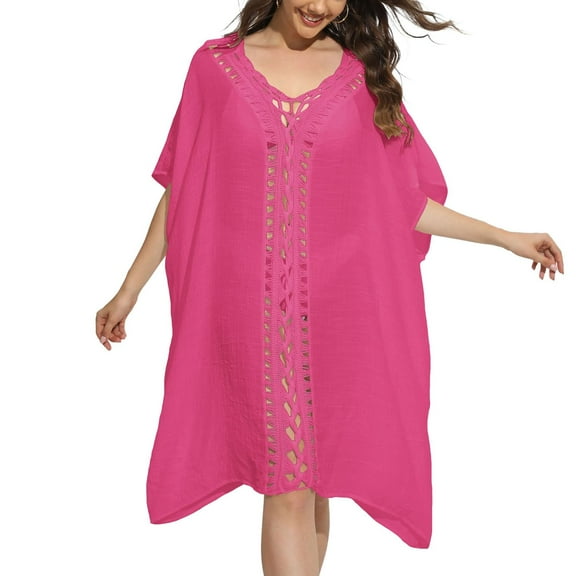 SWSMCLT Women's Batwing Sleeve Swimsuit Deep V Neck Summer Billowy Cover Up Beach Swimwear Cut Out Crochet Rose Small-X-Large