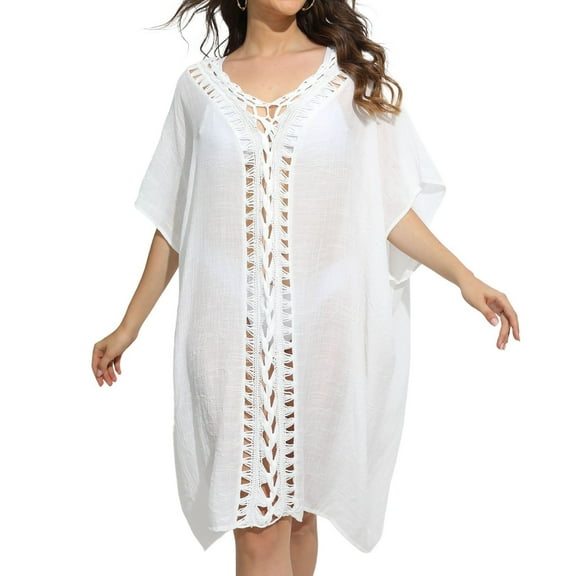 SWSMCLT Women's Batwing Sleeve Swimsuit Deep V Neck Summer Billowy Cover Up Beach Swimwear Cut Out Crochet White Small-X-Large