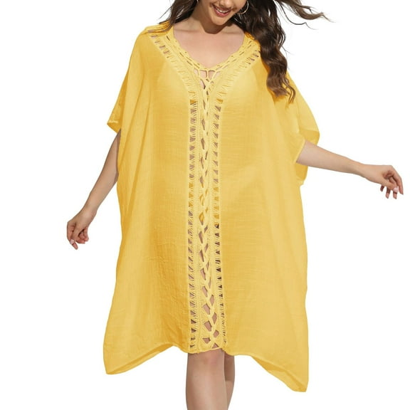 SWSMCLT Women's Batwing Sleeve Swimsuit Deep V Neck Summer Billowy Cover Up Beach Swimwear Cut Out Crochet Yellow Small-X-Large