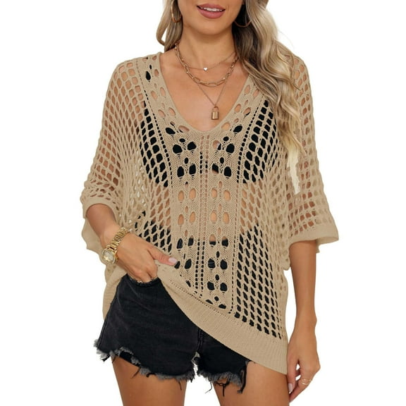 SWSMCLT Women's Batwing Sleeves Bikini Cover Up Beach Crochet Knit 3/4 Sleeve Swimwear Billowy Cool Cable Knit Cover Up Khaki Small-X-Large