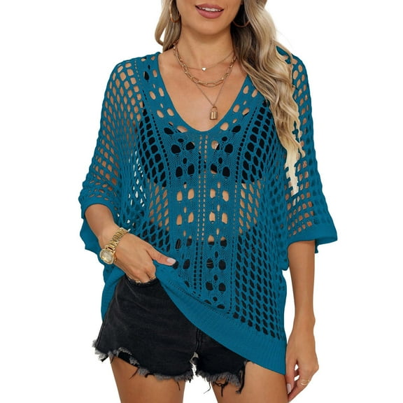 SWSMCLT Women's Batwing Sleeves Bikini Cover Up Beach Crochet Knit 3/4 Sleeve Swimwear Billowy Cool Cable Knit Cover Up Peacock Blue Small-X-Large