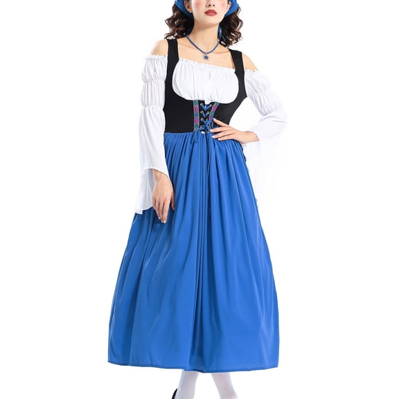 SWSMCLT Women's Bavarian Oktoberfest Dirndl Barmaid Bunched Billowy Breathable Cos Dresses A Line Dress Bell Sleeve Blue X-Large