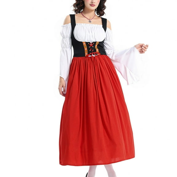 SWSMCLT Women's Bavarian Oktoberfest Dirndl Barmaid Bunched Billowy Breathable Cos Dresses A Line Dress Bell Sleeve Red Large