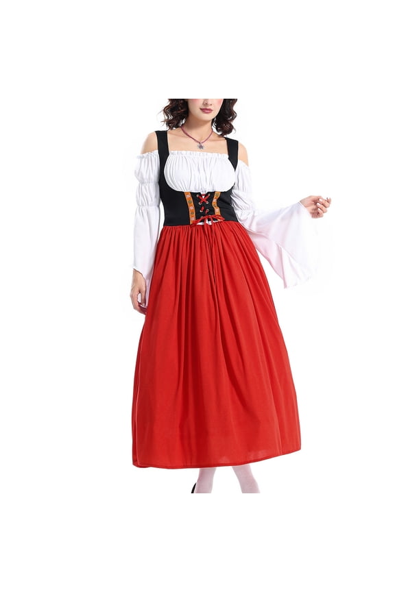 Women's Bavarian Oktoberfest Dirndl Barmaid Bunched Billowy Breathable Cos Dresses A Line Dress Bell Sleeve Red Large