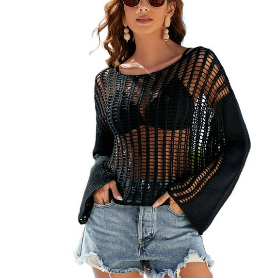 SWSMCLT Women's Beach Cover Up Knit Bikini Hollow Out Crochet Soft Cover Up Sexy Long Sleeve Loose Beachwear Black Large