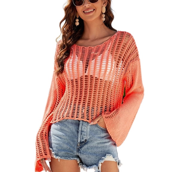 SWSMCLT Women's Beach Cover Up Knit Bikini Hollow Out Crochet Soft Cover Up Sexy Long Sleeve Loose Beachwear Orange X-Large