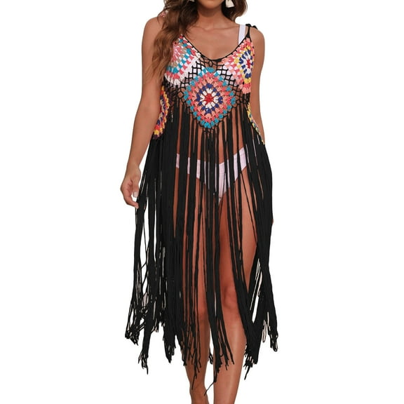 SWSMCLT Women's Beach Cover Up Tassel Floral Hollow Sexy Bathing Suit Crochet Swim Coverup Swimsuit Bikini Swimwear Black One Size