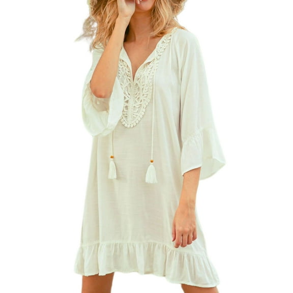 SWSMCLT Women's Beach Crochet Bikini Cover Up Dress Short Sleeve Bathing Suit Soft V Neck Loose Frilly Ruffle Coverup White Small-X-Large
