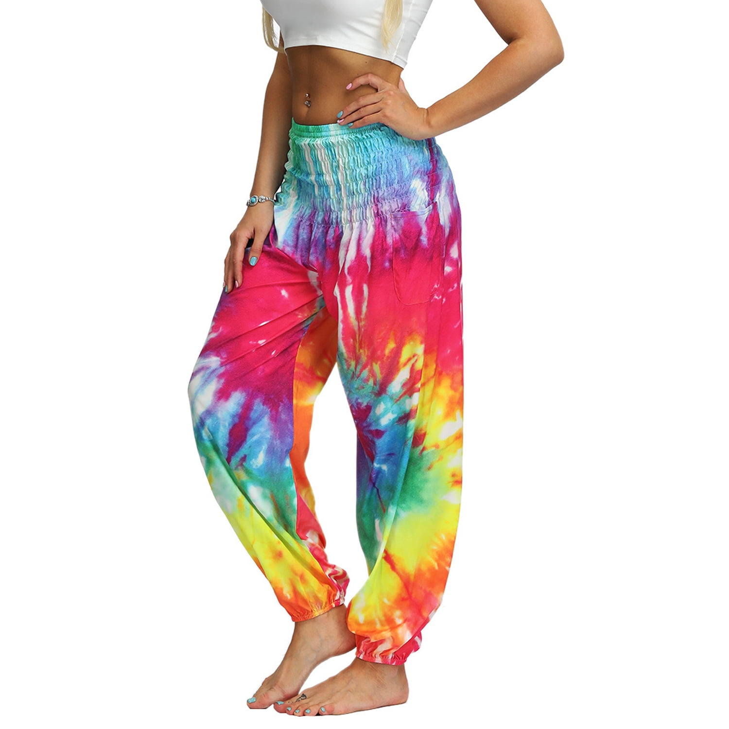 SWSMCLT Women's Beach Harem Pants Thai Smocked Waist Tie Dye Printed