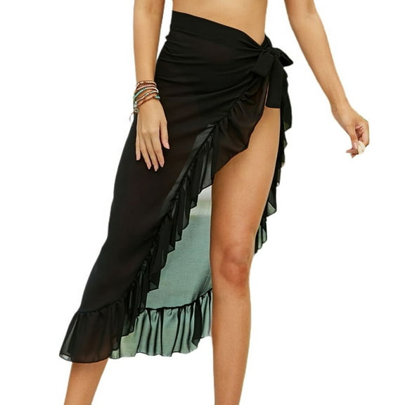 SWSMCLT Women's Beach Printed Soft Spring Sheer Summer Light Sarong Cover Up Skirt Sexy Swimming Thin Ruffle Tropical Beachwear Black X-Small-XX-Large