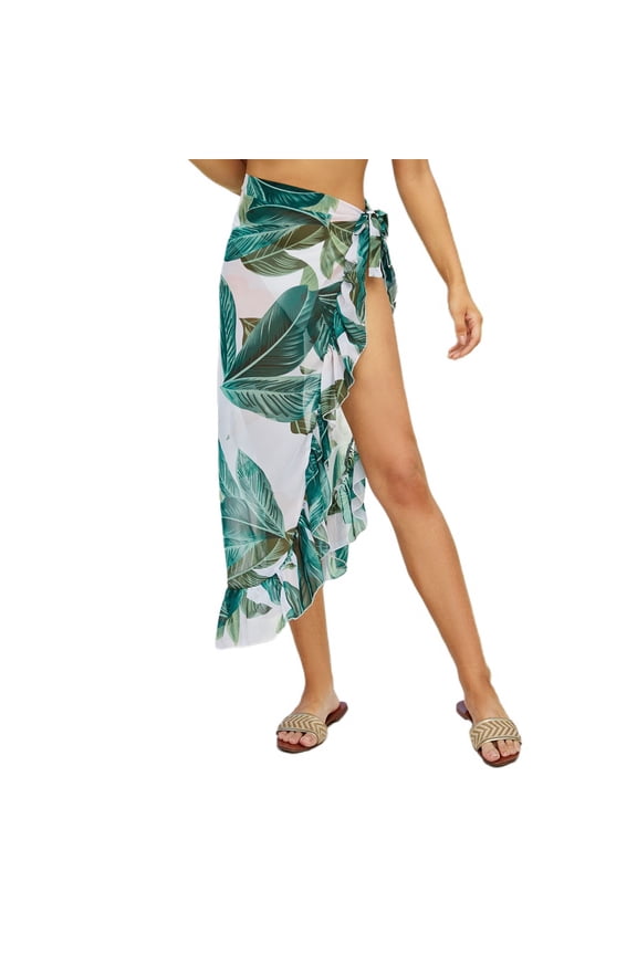 Women's Beach Printed Soft Spring Sheer Summer Light Sarong Cover Up Skirt Sexy Swimming Thin Ruffle Tropical Beachwear Leaf X-Small-XX-Large