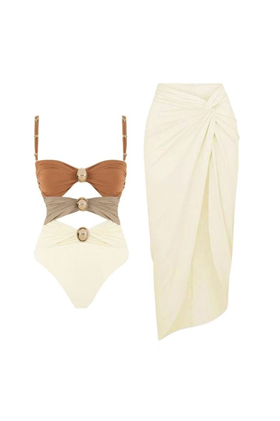 Women's Beach Spring Break Bunched One Piece Swimsuit Brief Elastic Beachwear Bathing Suit Calf Length Chic Cheeky Beige 2-4