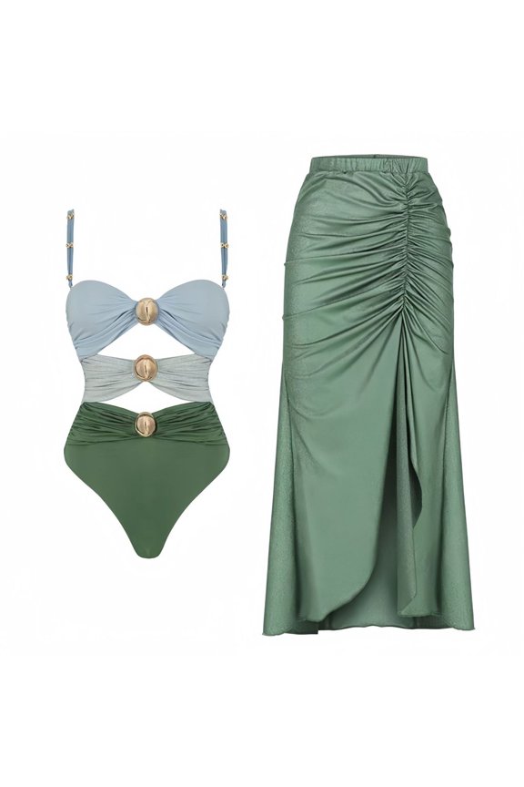 Women's Beach Spring Break Bunched One Piece Swimsuit Brief Elastic Beachwear Bathing Suit Calf Length Chic Cheeky Green 14-16